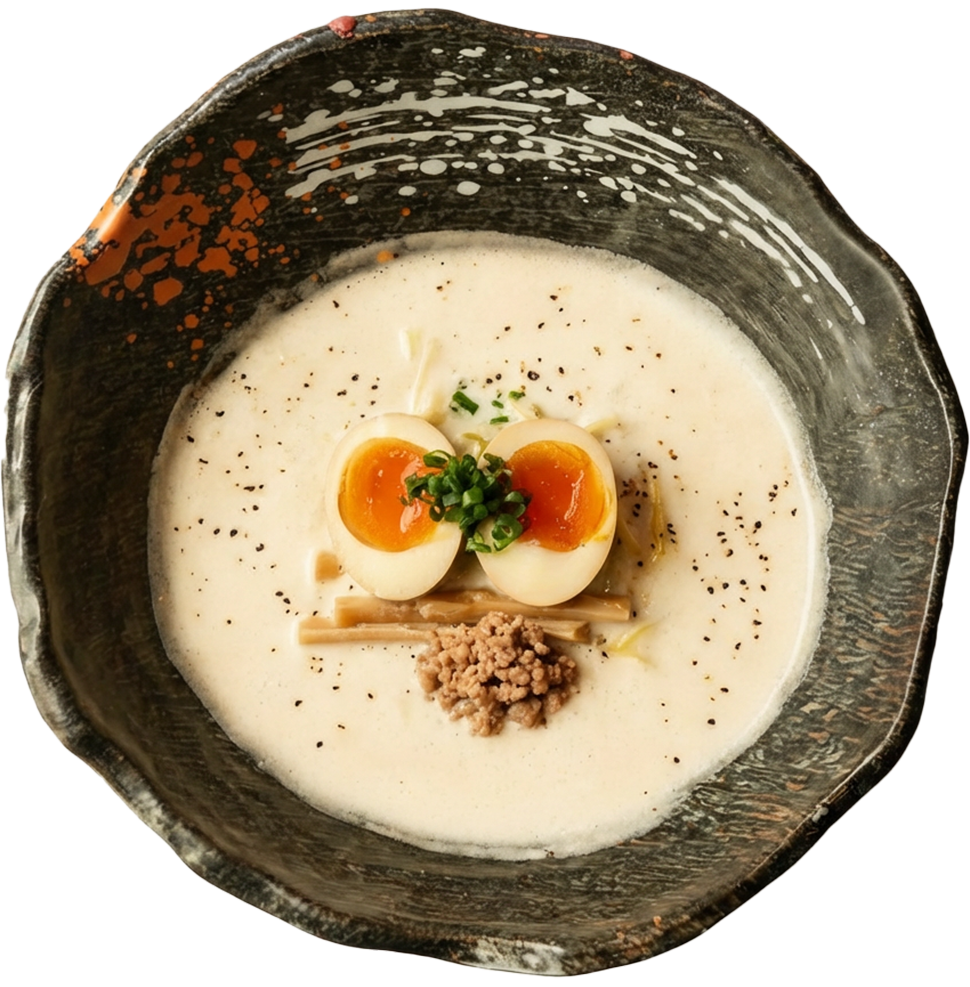 牛骨白湯味玉ラーメン。上野広小路から徒歩一分。濃厚な牛骨の旨味が味わえる牛骨ラーメン専門店。